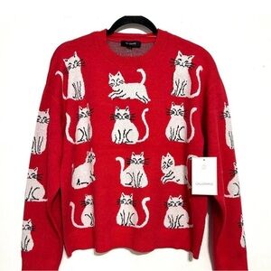 NWT Anthropologie Calligraphie Red Stretch Cat Sweater - Size XL